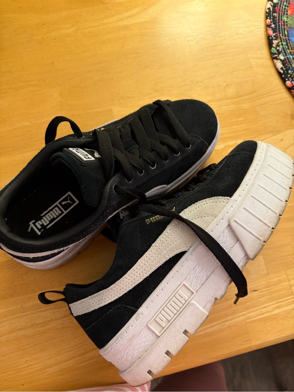 Puma Black Suede Platform Sneakers with White Stripe